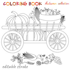 Autumn collection. Pumpkins on a trolley and fruits in sacks. Autumn still life. Relaxation coloring template.