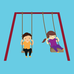 Boy and girl ride on a swing