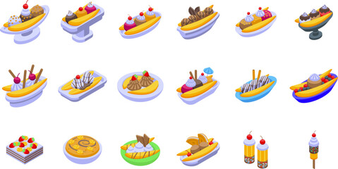 Banana split icons set isometric vector. Calories cream. American dessert