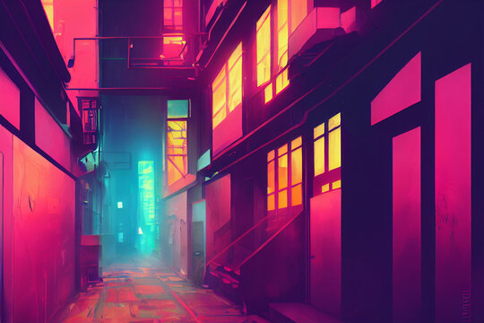 dystopian cyberpunk city  narrow street, comics style, concept art, digital painting, cinematic,