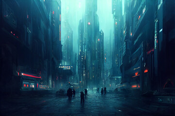 dark futuristic cyberpunk dystopian city, digital painting, - 527801400