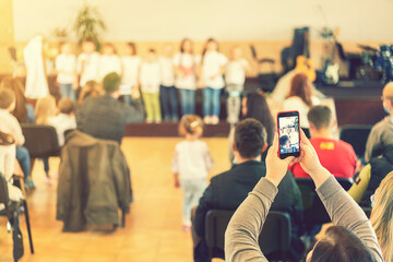 Children on the stage. Children on stage perform in front of parents. Young talents on stage....