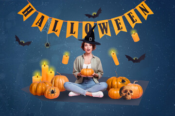 Composite collage of shocked witch girl hands hold pumpkin flying bats pumpkin skull spiders...
