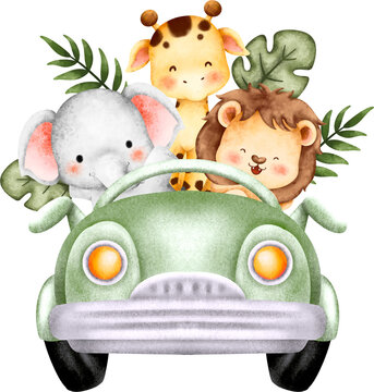 Fototapeta Watercolor cute safari animals in the car
