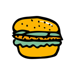 Hand drawn burger logo doodle cartoon style, vector illustration label isolated on white background