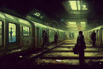 Fototapeta cyberpunk post apocalyptic subway scene, androids and  people wandering  around, cinematic, digital painting obraz