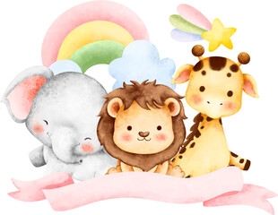 Watercolor happy cute safari animals and ribbon © Stella