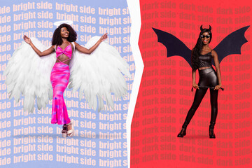 Composite collage picture of two girls dark side evil bright side angel isolated on divided...