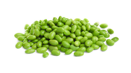 Pile of fresh edamame soybeans on white background
