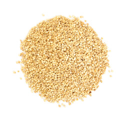 Pile of raw quinoa grains on white background, top view