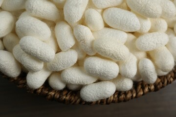 White silk cocoons in bowl on wooden table, closeup
