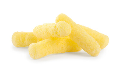 Pile of tasty corn puffs on white background