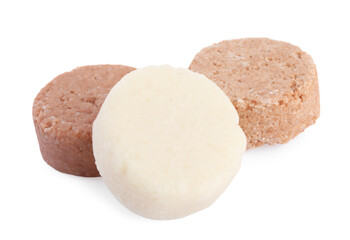 Solid shampoo bars on white background. Hair care
