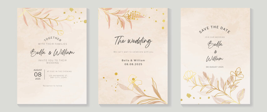 Luxury botanical wedding invitation card template. Minimal watercolor card with flowers, leaves branches, foliage, grass. Elegant blossom vector design suitable for banner, cover, invitation.