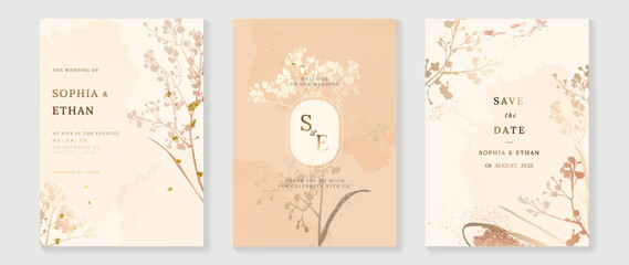 Luxury botanical wedding invitation card template. Minimal watercolor card with flowers, wildflowers, foliage, wild grass. Autumn elegant blossom vector design suitable for banner, cover, invitation.