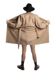 Exhibitionist exposing naked body under coat isolated on white, back view