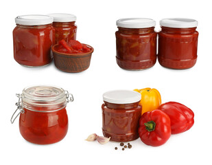 Set with delicious canned lecho on white background