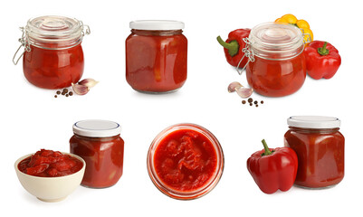 Set with delicious canned lecho on white background