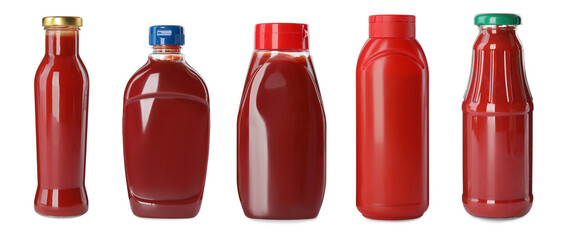 Set with different bottles of ketchup on white background. Banner design