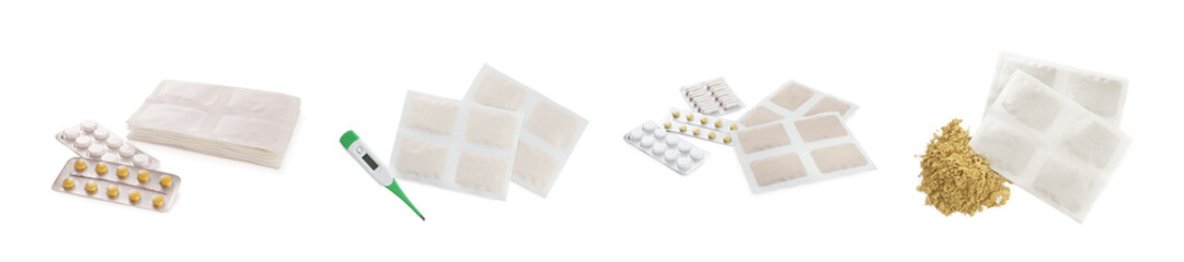 Set with mustard plasters on white background. Banner design
