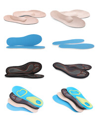 Set with different orthopedic insoles on white background