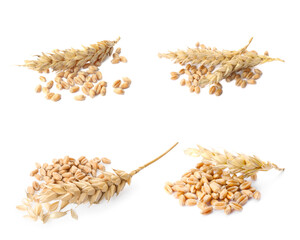 Set with heaps of wheat grains on white background