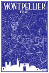 Technical drawing printout city poster with panoramic skyline and hand-drawn streets network on blue background of the downtown MONTPELLIER, FRANCE