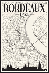 Light printout city poster with panoramic skyline and hand-drawn streets network on vintage beige background of the downtown BORDEAUX, FRANCE
