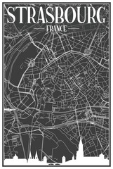 Dark printout city poster with panoramic skyline and hand-drawn streets network on dark gray background of the downtown STRASBOURG, FRANCE