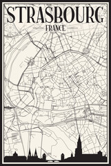 Light printout city poster with panoramic skyline and hand-drawn streets network on vintage beige background of the downtown STRASBOURG, FRANCE