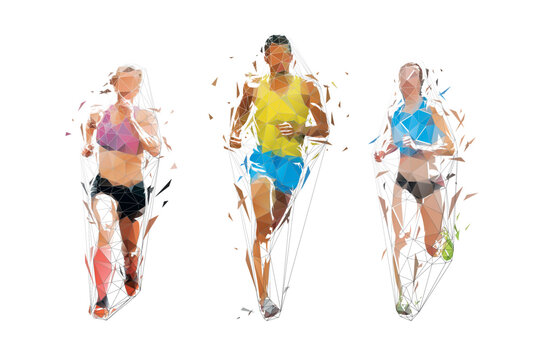 Run, group of running people, man and women, low polygonal vector illustration, front view, geometric drawing from triangles. Set of runners