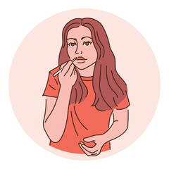 Girl paints her lips flat vector illustration. Daily routine.