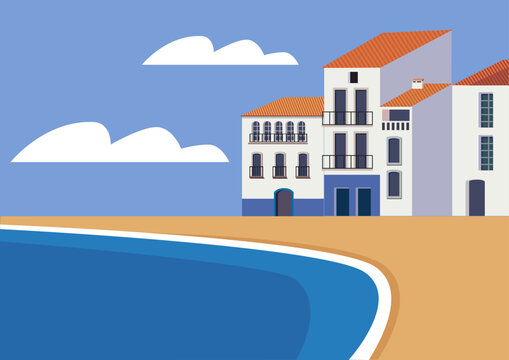 Seaside White Town Vector Illustration