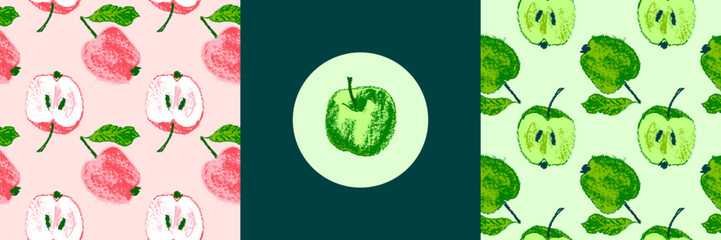 Multicolor apple background. Vector apples seamless pattern with fruit hand drawn pencil illustration for vegan banner, juice, baby food packaging, jam label design. Color fruits backdrop. Cider badge