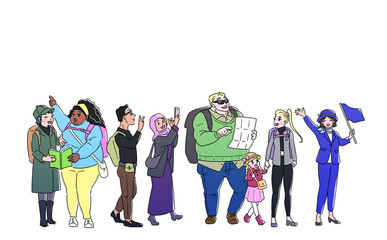 笑顔のインバウンド　マスクなしVer　ツアーガイドを先頭にワクワクが止まらない様子の外国人観光客