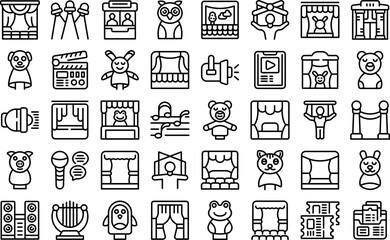 Puppet theater icons set outline vector. Doll marionette. Kid theater