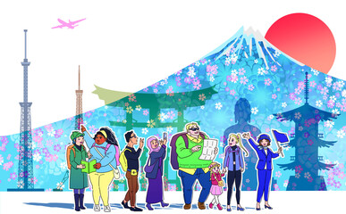 笑顔のインバウンド　マスクなしVer　日本の観光名所を巡るツアーに参加する訪日外国人