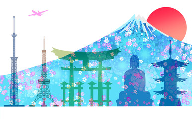 インバウンド事業、訪日外国人をターゲットに日本観光名所のツアーをイメージした和風イラスト