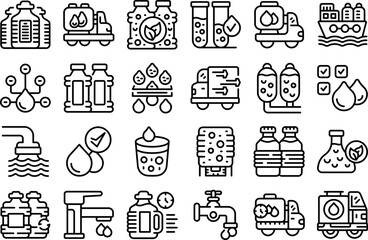 Water carrier icons set outline vector. Drink tank. Pipe truck