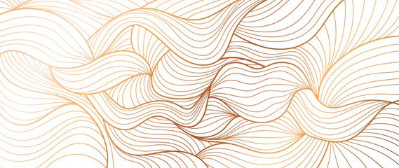 Elegant abstract line art on white background. Luxury hand drawn with gold wavy line and abstract shapes. Shining wave line design for wallpaper, banner, prints, covers, wall art, home decor.