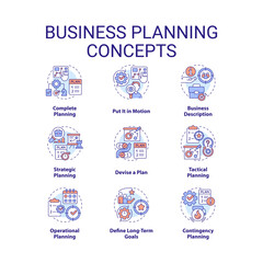 Business planning concept icons set. Building development strategy. Management idea thin line color illustrations. Isolated symbols. Editable stroke. Roboto-Medium, Myriad Pro-Bold fonts used