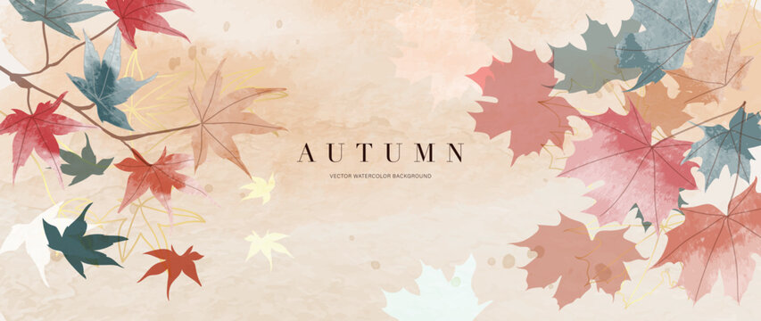 Autumn foliage in watercolor vector background. Colorful wallpaper with maple leaves, line art, leaf, plant. Hand drawn botanical in fall season illustration suitable for fabric, prints, cover.