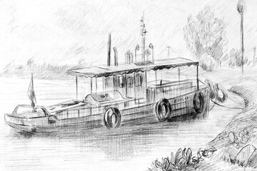 Black pencil drawing on a white paper  "Pleasure river boat near the shore in summer". Sketch