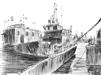 Black felt tip pen drawing on a white paper. "Vessel at the dock". Sketch