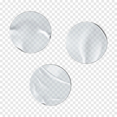 Round blank clear crumpled plastic sticker on transparent background realistic vector mock-up. Wrinkled adhesive circle label mockup set