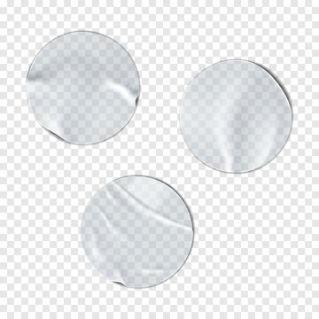 Round blank clear crumpled plastic sticker on transparent background realistic vector mock-up. Wrinkled adhesive circle label mockup set