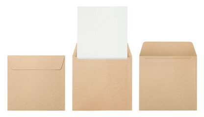 Set of square craft paper envelopes, isolated on white background