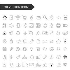 Flat line icons. Vector illustration of icons for business, banking, contacts, eco, marketing. Set of linear symbols.