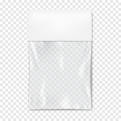 Clear plastic pouch with white paper top on transparent background vector mock-up. Blank empty flat square packet realistic mockup. Template for packaging design © ann_ounce