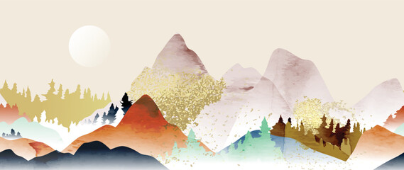 Luxury mountain background vector. Oriental watercolor landscape design with mountains, hills, sunset, pine forest, gold texture. Elegant panorama view wallpaper for wall art, banner, decoration. - obrazy, fototapety, plakaty